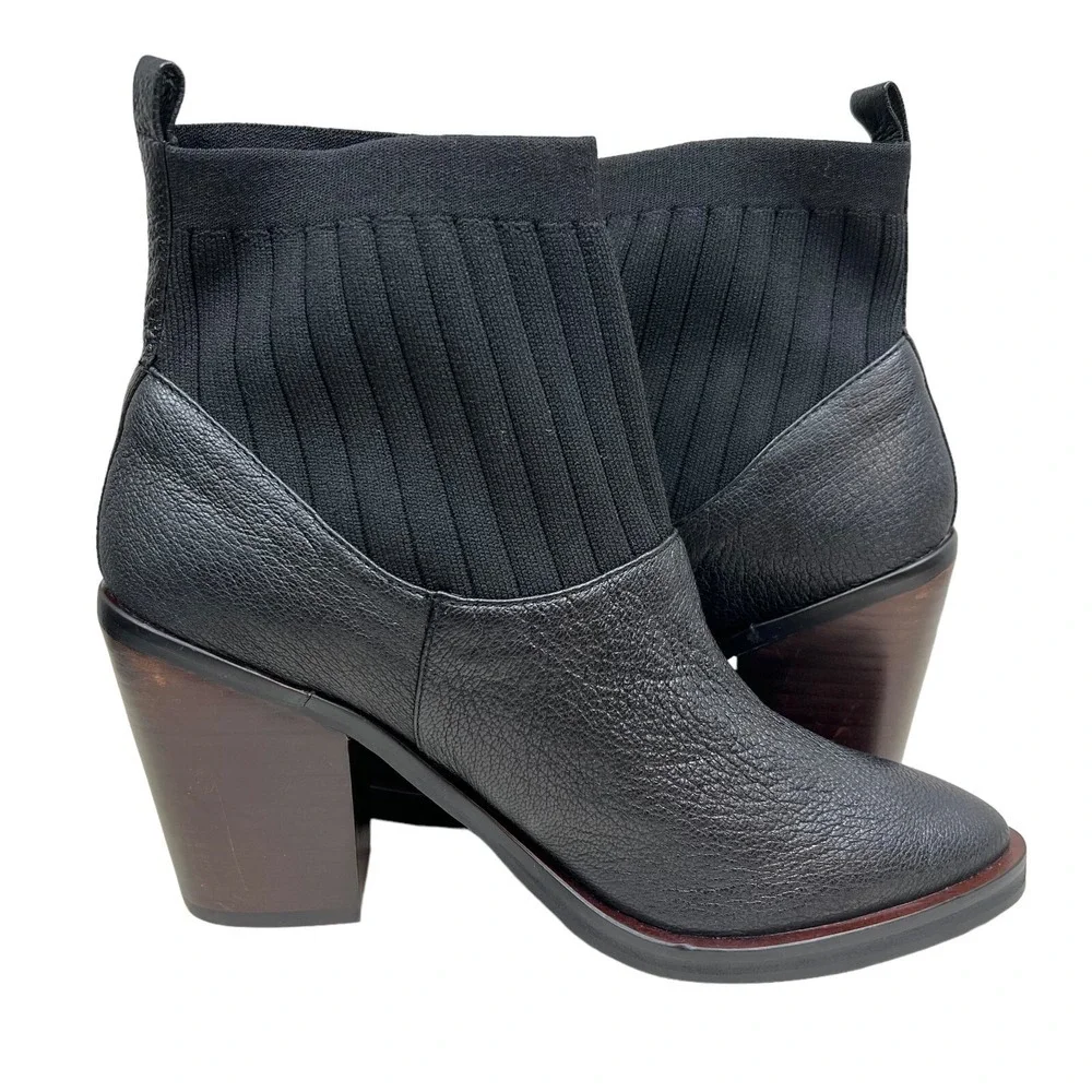 Kelsi Dagger Brooklyn Woodland Boot Black Leather Knit Cuff Block Heel Women 8.5